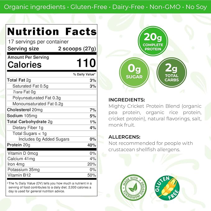 Mighty Cricket Protein Powder. 20g Clean Prebiotic Cricket Protein. No Sugar, Low Carbs, Gluten & Dairy Free. Keto & Paleo, 100% Natural Ingredients. Vanilla, 2 lb (Pack of 2)