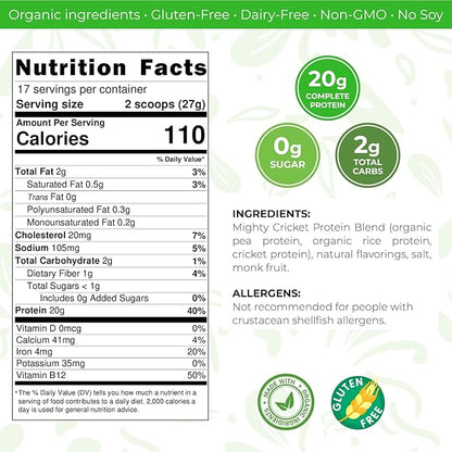Mighty Cricket Protein Powder. 20g Clean Prebiotic Cricket Protein. No Sugar, Low Carbs, Gluten & Dairy Free. Keto & Paleo, 100% Natural Ingredients. Vanilla, 2 lb (Pack of 2)