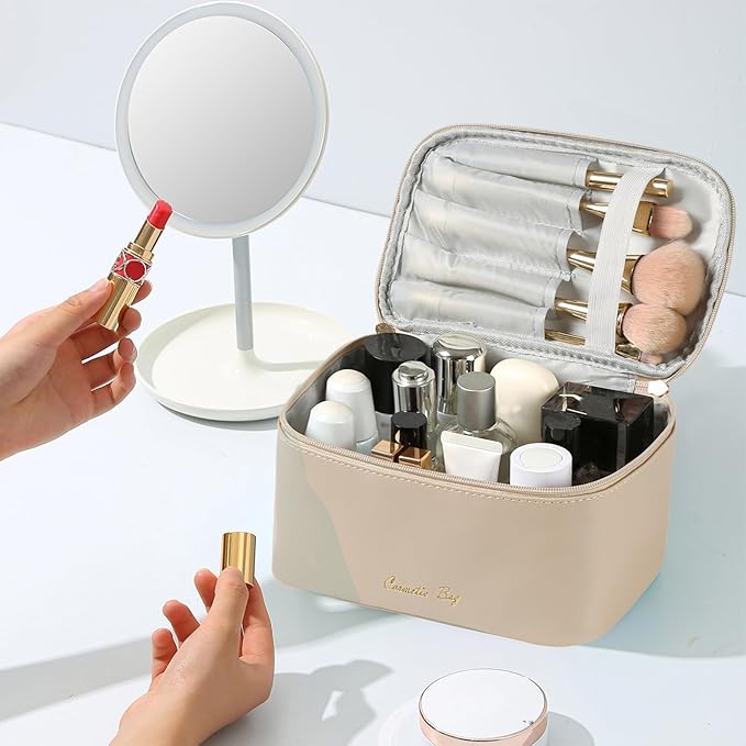 KITENROM Nature Makeup Bag,Premium Travel Makeup Organizer, Ideal Cosmetic Brush Bags Case for Women (Light Khaki)