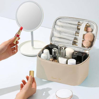 KITENROM Nature Makeup Bag,Premium Travel Makeup Organizer, Ideal Cosmetic Brush Bags Case for Women (Light Khaki)