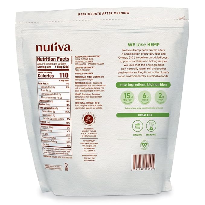 Nutiva Organic Cold-Pressed Raw Hemp Seed Protein Powder, Peak Protein, 3 Pound, USDA Organic, Non-GMO, Whole 30 Approved, Vegan, Gluten-Free & Keto, Plant Protein with Essential Amino Acids