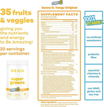Be Amazing Super Greens Powder with Prebiotics, Digestive Enzymes & Antioxidants | Energy Supplements, 17 Fruits & 8 Veggies | Gluten-Free Juice & Smoothie Mix | Sunny D, 20 Servings, 360 g