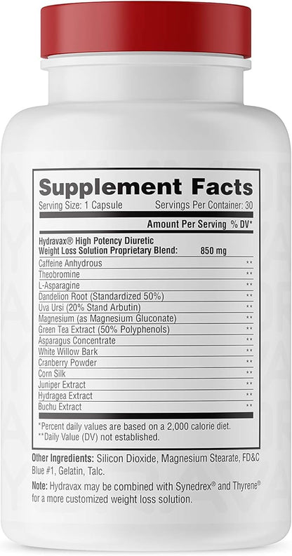 Metabolic Nutrition, Hydravax - Premium Diuretic Water Pills, Natural & Safe, Eliminates Water Retention, with Dandelion, Magnesium, Green Tea Extract, Cranberry Powder, 30 Capsules, 1 Dose Daily
