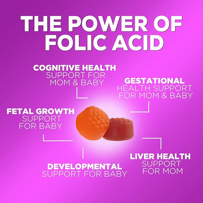 Folic Acid Gummies for Women 785 mcg, Essential Prenatal Vitamins for Mom & Baby, Vegan Folic Supplement Gummy, Vitamin B9 Chewable Extra Strength Folate, Before During After Pregnancy - 60 Gummies
