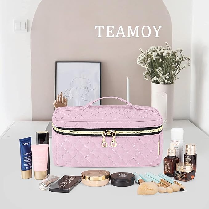 Teamoy Travel Makeup Brush Case, Makeup Train Organizer Bag with Handle for Makeup Brushes(up to 9-inch) and Essentials, Medium, Pink(BAG ONLY)