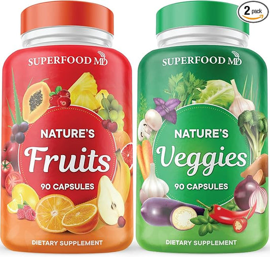 Superfood MD Fruits and Veggies Supplement - 90 Fruit and 90 Veggie Capsules - Supports Energy Levels, High Lycopene, Vitamins & Minerals -Made in The USA - 90 Count (Pack of 2)