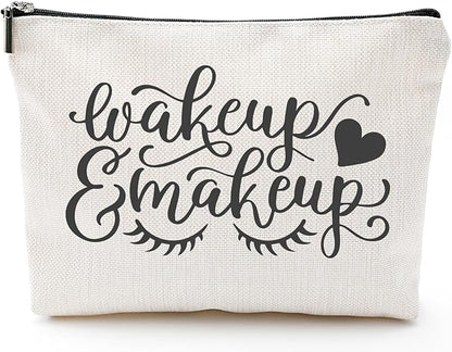 Wake Up & Make Up Funny Makeup Bag Gift for Women Inspirational Cosmetics Pouch for Purse Travel Bag Cases for Toiletries Accessories Organizer