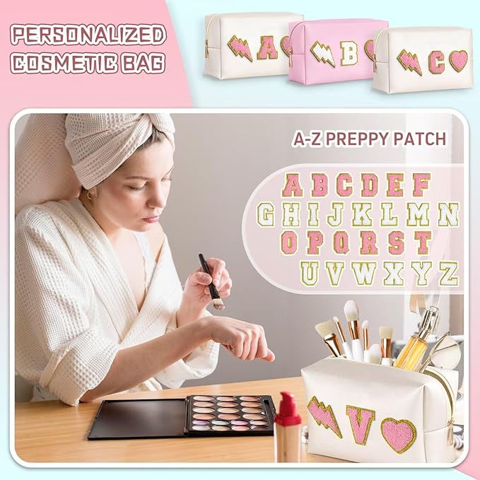 TOPEAST Makeup Bag for Women Girls, Preppy Small Makeup Bag, PU Leather Waterproof Toiletry Bag, Unique Friendship Gifts for Friends, Pink Stuff for Girls, White R