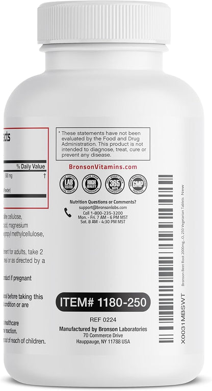 Bronson Beet Root Extra Strength (Equivalent to 2000mg Beet Root per Serving from 500mg 4:1 Extract), Non-GMO, 250 Vegetarian Tablets