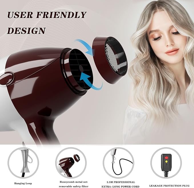 Hair Dryer, Professional Ionic Blow Dryer with Diffuser for Curly Hair,2400W Powerful Fast Drying Hairdryer Blowdryer for Women Men Home Salon Hair Styling,Constant Temp Low Noise