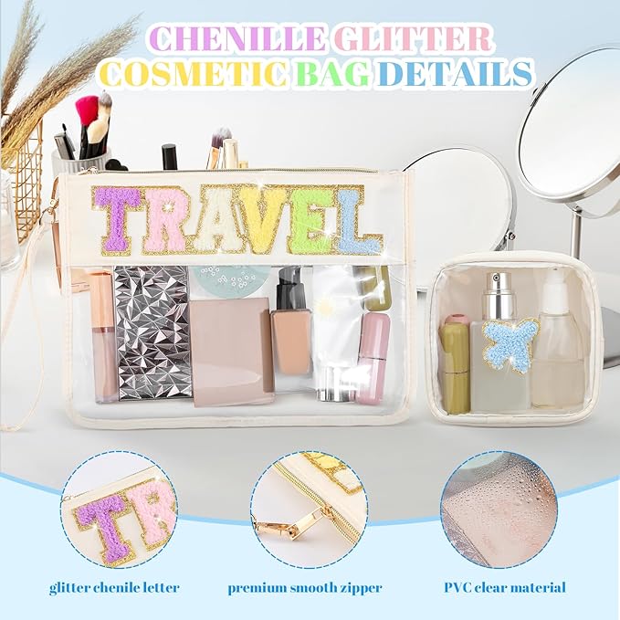 Hillban 2 Pcs Clear Travel Bags Chenille Letter Makeup Cosmetic Toiletry Bags Weekend Gifts Preppy Patch Zipper Pouch for Travel Waterproof Flat Portable Storage Purse for Women