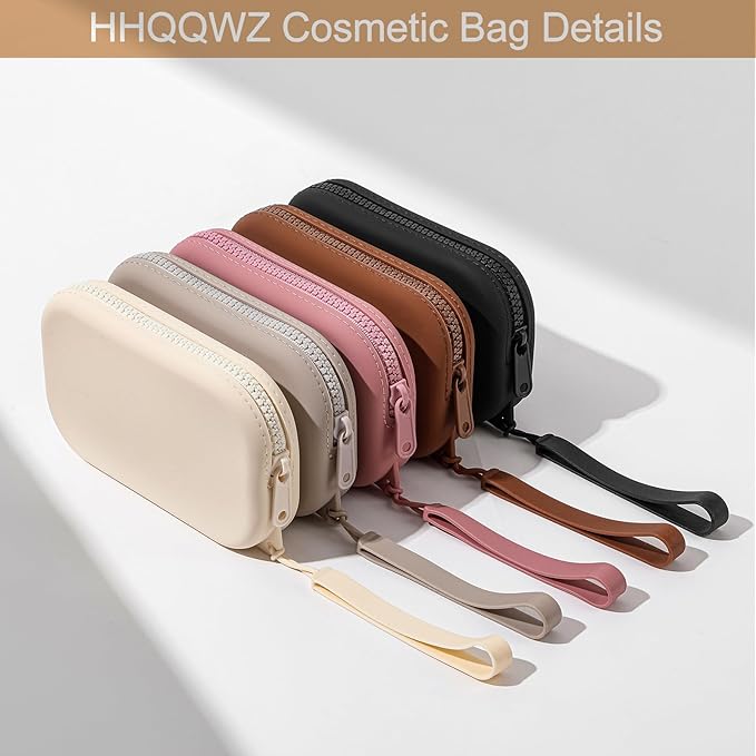 Portable Silicone Makeup Bag for Women, Small Travel Waterproof Toiletry Cosmetic Bag, Zipper Closure Organizer Makeup Case with Handle (Brown)