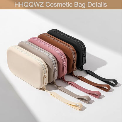 Portable Silicone Makeup Bag for Women, Small Travel Waterproof Toiletry Cosmetic Bag, Zipper Closure Organizer Makeup Case with Handle (Brown)