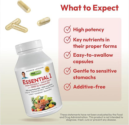 ANDREW LESSMAN Essential-1 Multivitamin 1000 IU Vitamin D3 360 Small Capsules – 100 mcg Methyl B12. CoQ10 Lutein Lycopene Zeaxanthin. High Potency. No Additives. Gentle Ultra-Mild. One Daily Capsule