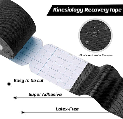 Kinesiology Tape Precut 2 Rolls Pack, Athletic Tape for Muscle Joints Support, 40 Strips for Knee Ankle Shoulder Back, Latex Free and Water Resistant, Black+Beige
