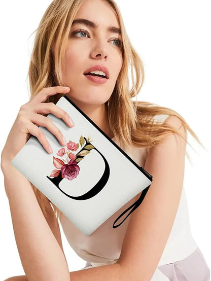 Vavabox A-Z Personalized Makeup Bag, Birthday Gifts for Women Mom, Gifts for Best Friend, Bride Bridesmaid Cosmetic bag (D, White)