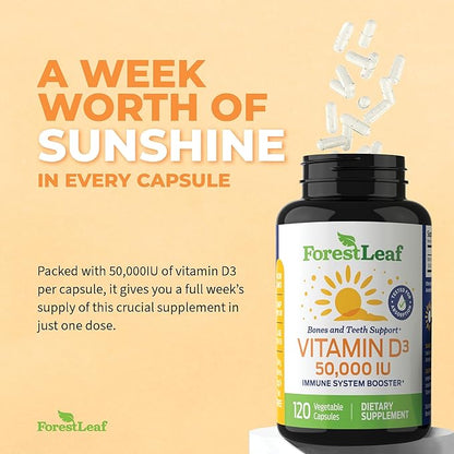 ForestLeaf - Vitamin D3 IU Weekly Supplement - Vitamin D Capsules for Bones, Teeth, and Immune Support - Easy Swallow Pure Vitamin D3 Caps (50,000 IU - 120 Count - 2 Pack)