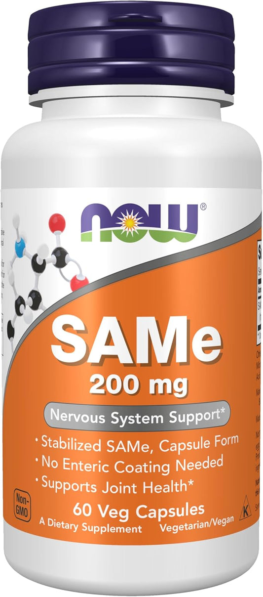 NOW Foods Supplements, SAMe (S-Adenosyl-L-Methionine)200 mg, Nervous System Support*, 60 Veg Capsules
