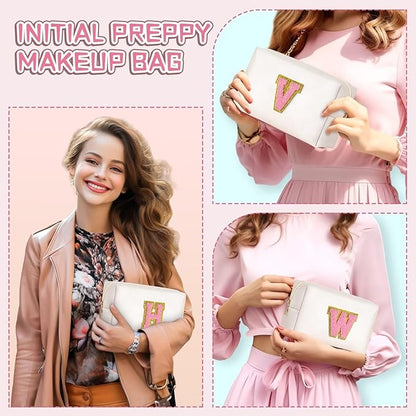 TOPEAST Preppy Stuff for Girls, Initial Makeup Bag Chenille Letter Pouch Cosmetic Bag with Zipper, PU Leather Waterproof Toiletry Bag, Cute Stuff Birthday Gift for Friends Sister (Pearly White T)