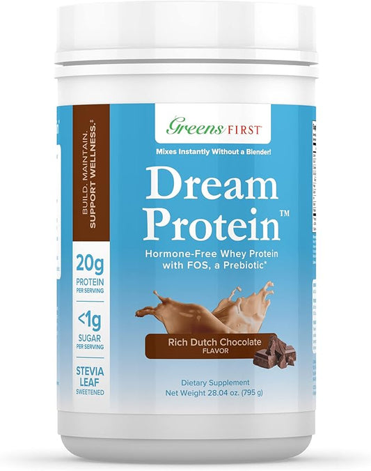 Greens First Dream Whey Protein Powder, Rich Dutch Chocolate, 30 Servings – 20 g Protein – Low Carb Powder – Hormone-Free, Non-GMO, No Artificial Sweeteners/MSG/Aspartame, 28.04 oz