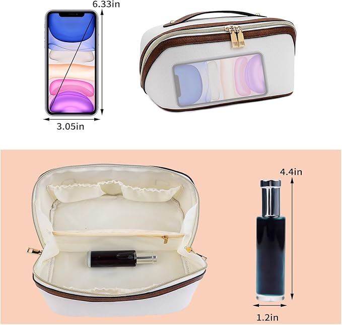 Stylish Makeup Bag Organizer Travel Case for Women Cosmetic Bag for Toiletries and Makeup Waterproof Leather Cosmetic Bag Perfect Fit Home or on the Go (B-White/Brown)