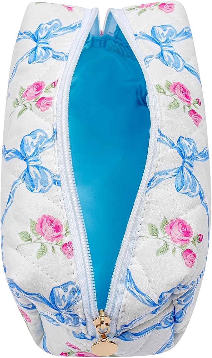 Quilted Cotton Makeup Bag Travel Cosmetic Bag for Women Girls, Zipper Make Up Pouch, Bow Pattern Toiletry Organizer Makeup, Portable Storage Bag (Blue Bowknot)