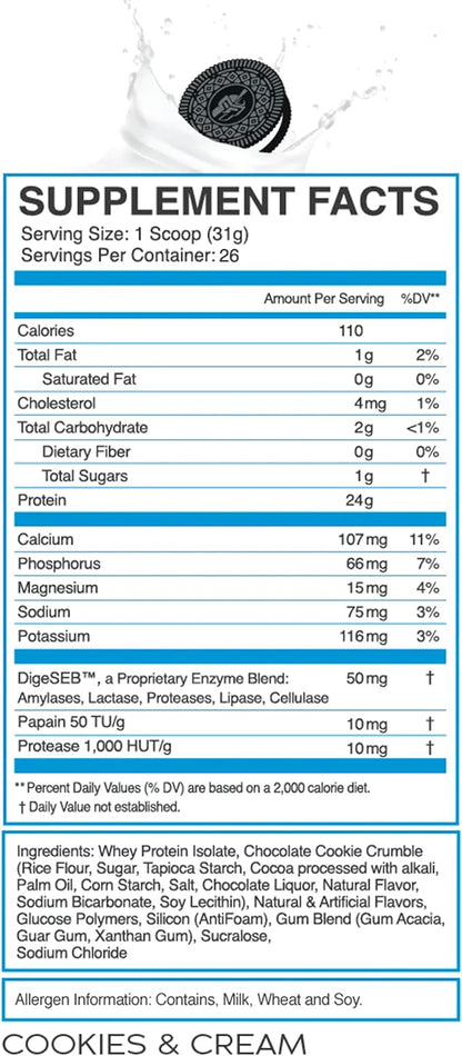 eFlow Nutrition 100% Whey Protein Isolate - Lactose-Free Digestive Enzymes Added, Low Carb, Post Workout Shake, Fast Digesting for Optimal Muscle Recovery - Cookies & Cream (26 Servings)