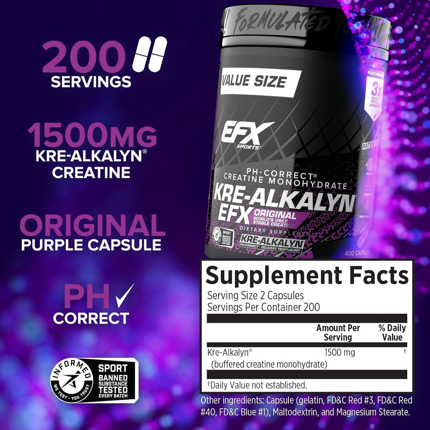 EFX Sports Kre-Alkalyn EFX | pH Correct Creatine Monohydrate Pill Supplement | Strength, Muscle Growth & Performance | 200 Servings, 400 Capsules