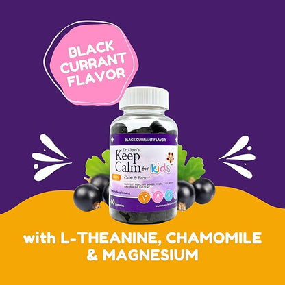 Dr. Klein's Keep Calm Kids Gummies L-Theanine & Chamomile Extract - Supports Focus, Attention, & Alertness of Kids Ages 5+ - Calming Chews Vitamins & Minerals for Kids - Black Currant Sugar-Free 60ct