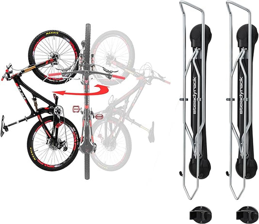 Steadyrack Bike Rack - Pivoting Mountain Bike Rack, Holds Up 77lbs, Fits 20"-29", 2.1"-2.8" Tires, Foldable Wall Mount for Space-Saving Storage Bicycle Hanger