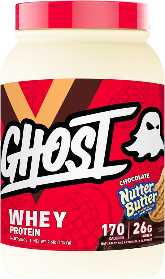 GHOST Whey Protein Powder, Nutter Butter Chocolate - 2LB Tub, 26G of Protein - Chocolate Peanut Butter Cookie Flavored Isolate, Concentrate & Hydrolyzed Whey Protein Blend