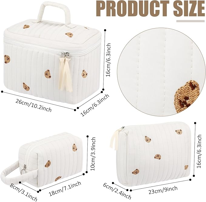 Paterr 3 Pieces Cotton Quilted Makeup Bag Set Coquette Cosmetic Bag Aesthetic Travel Toiletry pouch Cute Pouch Kawaii Aesthetic for Women(White,Little Bear)