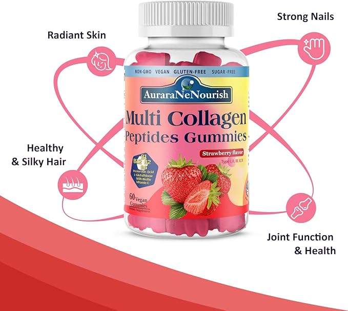 2 Pack Multi Collagen Peptides Gummies, Sugar Free Hydrolyzed 5000mg Protein丨Type I,II,III,V,X with Biotin Hyaluronic Acid Vitamin C A D B6 B12 L-Glutathione for Skin Hair Nail & Joint -StrawBerry