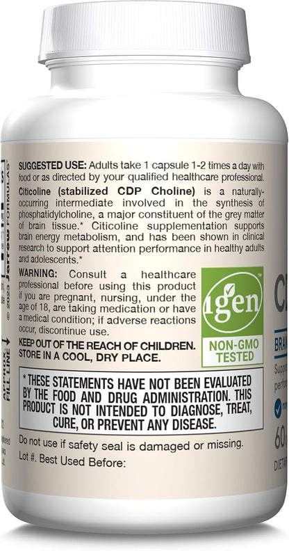 Jarrow Formulas CDP Choline Capsules, 250 mg Dietary Supplement for Memory and Brain Health, 60 Veggie Capsules, 60 Day Supply(Pack of 12)
