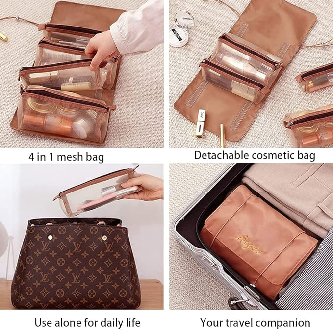 Roll Up Makeup Bag, Hanging Toiletry Bag, 4 in 1 Detachable Cosmetic Bag, 4 Removable Storage Bags, Travel Makeup Organizer Bags for Women Men(Khaki)