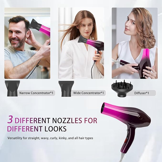 Ionic Hair Dryer,2400W Negative Ion Low Noise Hair Dryer Professional Fast Drying Hair Dryer with 2 Speeds, 3 Heat Settings, Cooling Button,with Diffuser for Curly and Straight Hair（Crimson Fade）