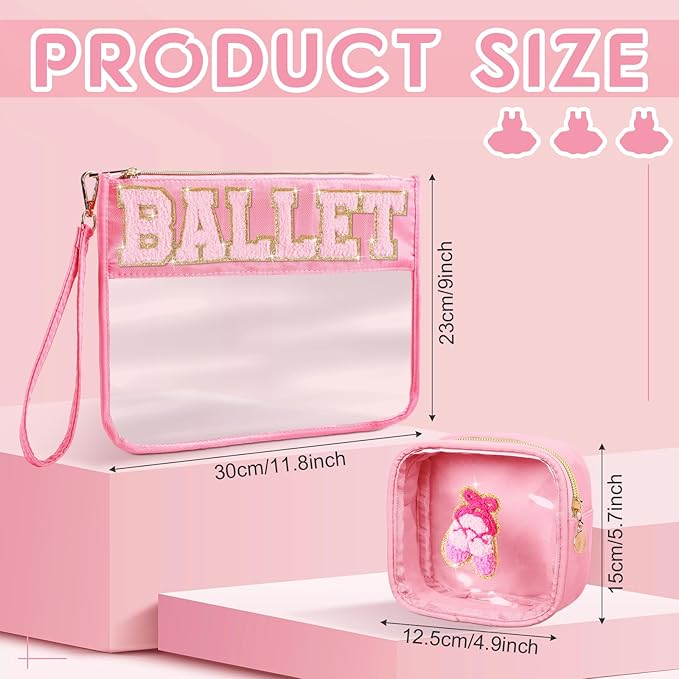 Hillban 2 Pcs Ballet Gifts Chenille Letter Bags Makeup Cosmetic Bags Toiletry Travel Flat Pouch Preppy Patch Clear Purse PVC Waterproof Organizer Storage Case Gifts for Team Girls Women
