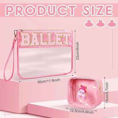 Hillban 2 Pcs Ballet Gifts Chenille Letter Bags Makeup Cosmetic Bags Toiletry Travel Flat Pouch Preppy Patch Clear Purse PVC Waterproof Organizer Storage Case Gifts for Team Girls Women