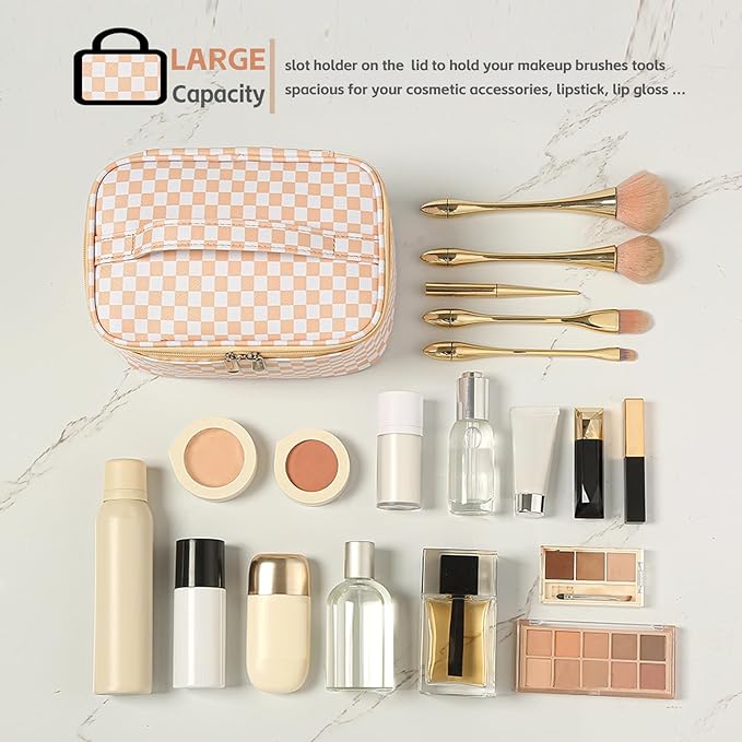 KITENROM Preppy Makeup Bag Travel Cosmetic Bags for Women Girls Multi-color Checkered Plaid Small Pouch Toiletry Bag Organizer Case Waterproof Case (Pink Checkerboard)