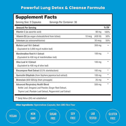 Lung Detox & Cleanse | Mullein Leaf Capsules | 15-In-1 Lung Health Formula for Respiratory, Immune & Mucus Support | 10:1 Mullein Leaf Extract (3000mg Equivalent) | Vegan Lung Support Supplement