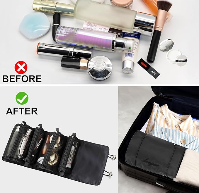 Roll Up Makeup Bag, Hanging Toiletry Bag, 4 in 1 Detachable Cosmetic Bag, 4 Removable Storage Bags, Travel Makeup Organizer Bags for Women Men(Black)