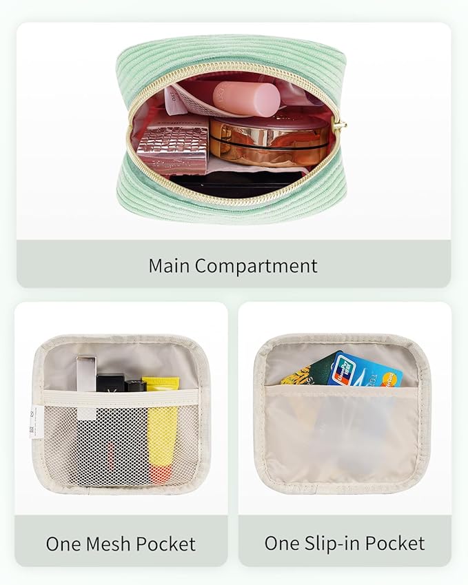 Wandering Nature Small Makeup Bag for Purse Mini Make up Pouch Cute Cosmetic Pouch for Women with Slip-in Pockets Corduroy, Green