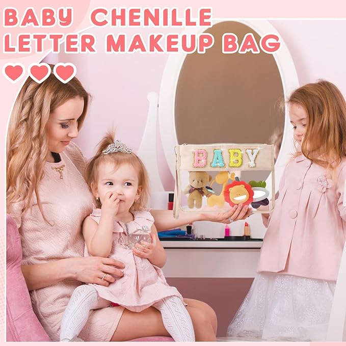 Hillban 2 Pcs Baby Bag Set Chenille Letter Bags Preppy Patch Makeup Pouch Baby Travel Pouch Waterproof Portable Toiletry Storage for Women Mom