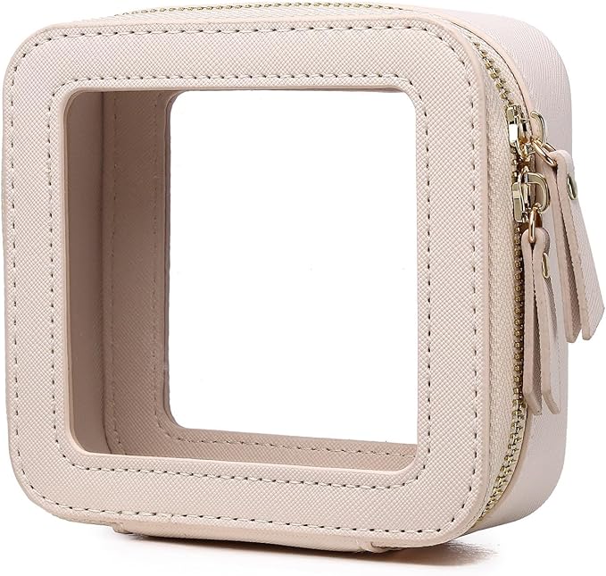 Small Makeup Bag Mini Clear Cosmetic Makeup Case & Toiletry Bag with Zipper Women's Purse Organizer & Car Essentials (Beige, MINI-3)