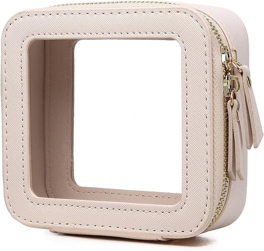 Small Makeup Bag Mini Clear Cosmetic Makeup Case & Toiletry Bag with Zipper Women's Purse Organizer & Car Essentials (Beige, MINI-3)