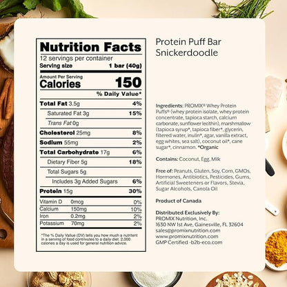 Promix Protein Puff Bars, 12-Pack - Snickerdoodle - Marshmallow Crispy Treat - Great Tasting & Healthy On The Go Snack - High Protein & Low Calorie - Non-GMO & Free From Gluten, Soy, & Corn