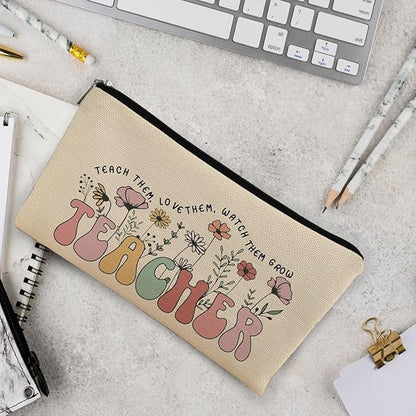 Teacher Bag,Gifts For teacher Survival Kit,Teacher Must Haves, Retro Wildflowers Canvas Makeup Bag,Cosmetic Bag Zipper Travel Toiletry Bag