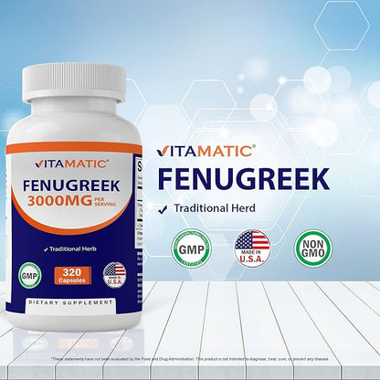 Vitamatic Fenugreek Capsules Extra Strength 3000 mg per Serving - Trigonella Foenum-Graecum - Methi Seeds Powder Pills - 320 Vegetarian Capsules