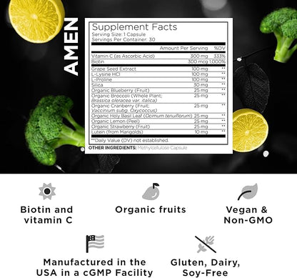 Amen Plant-Based Vegan Collagen Builder Supplement - Organic Whole Foods, Lutein, Vitamin C, Biotin, Lysine, Proline Collagen Boosters - Organic Cranberry, Lemon, Strawberry - Once A Day - 30 Capsules