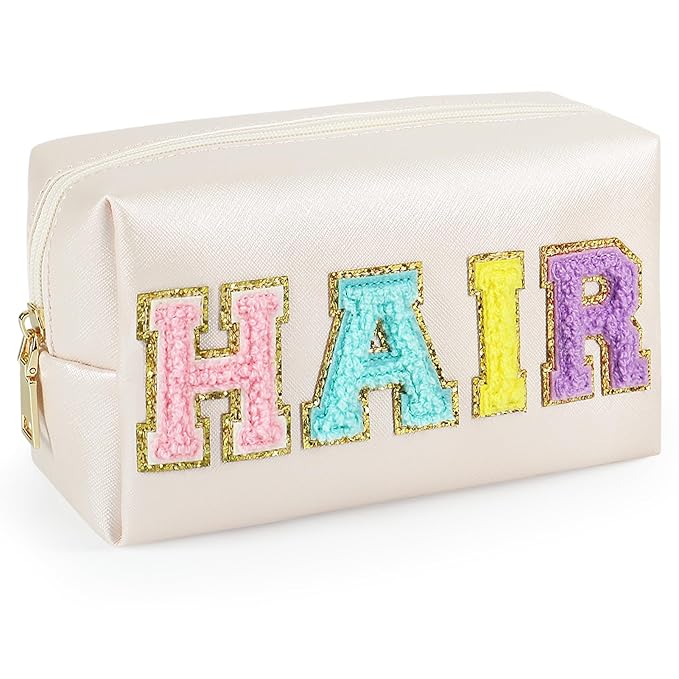 Preppy Makeup Bag, Synthetic Leather Patch Cosmetic Bag with HAIR Chenille Letter for Hair Care, Gift for Girlfriend or Wife, Present for Girls, Daughter and Mum(Cream)
